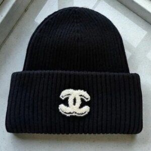 CHANEL Black CC Logo Beanie Wool Blend Made in Italy